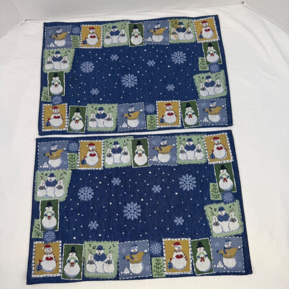 Vintage Woven Tapestry Snowman Placemats Blue Winter Holiday Set of‎ 2